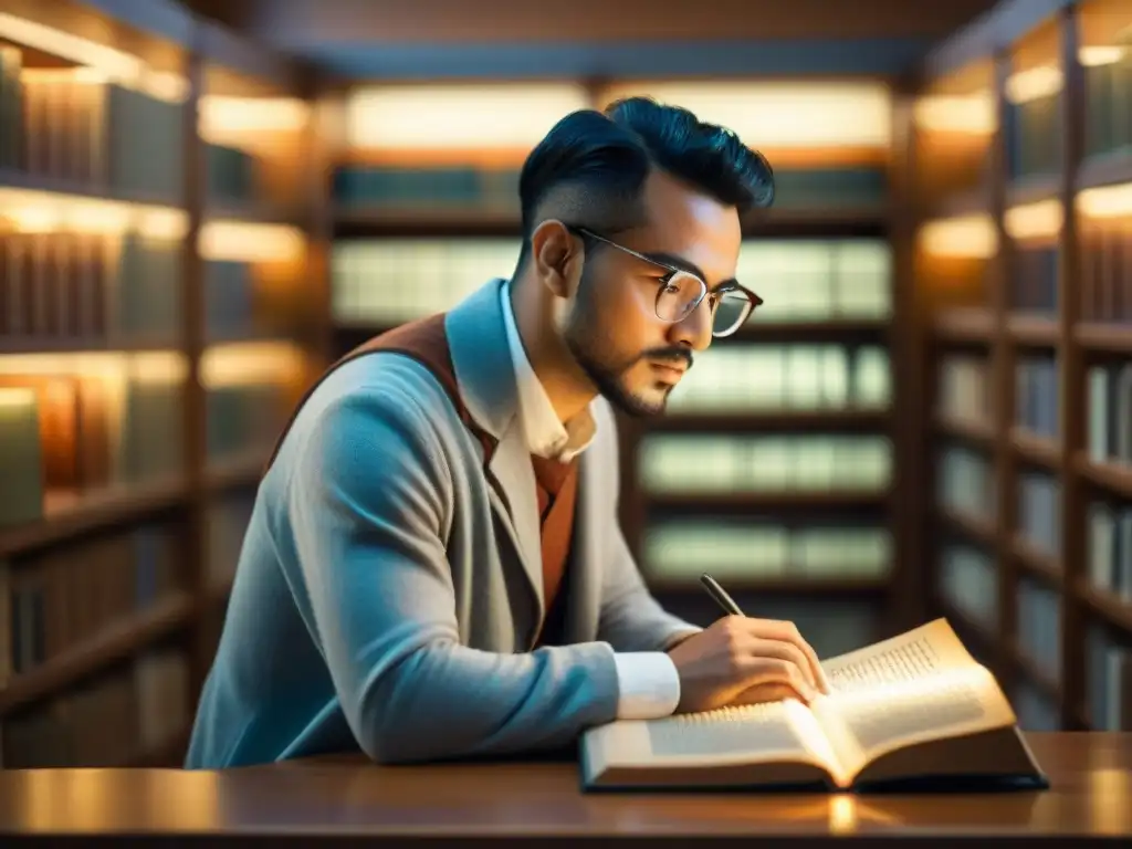 Un académico estudia un manuscrito iluminado en una biblioteca digital de textos antiguos