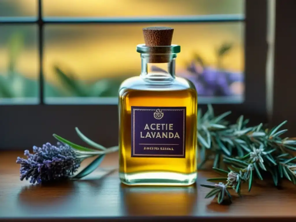 Aceite esencial de Romero y Lavanda para mejorar memoria en botella vintage rodeada de hierbas secas y flores de lavanda, bañada por luz solar