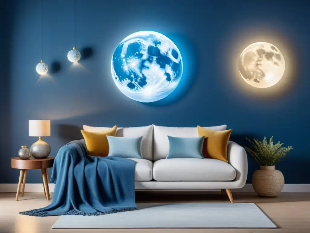 Acogedor salón con elementos decorativos fases lunares, como un gran tapiz de fases lunares en metal detallado rodeado de luces LED