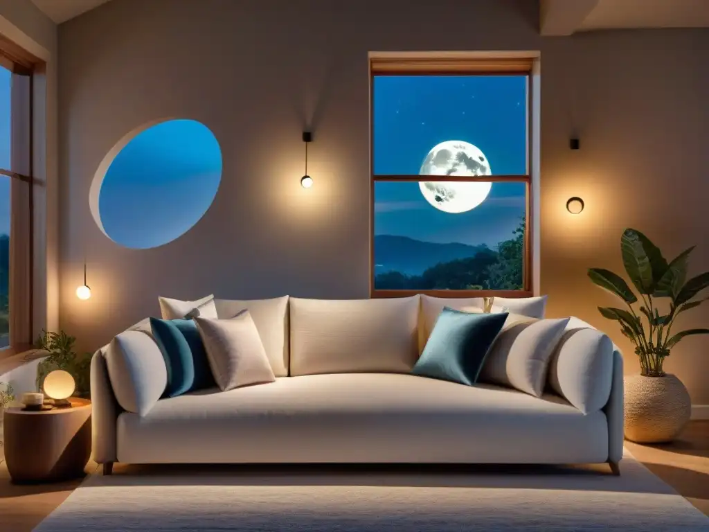 Acogedor salón iluminado por la luz de la luna con elementos decorativos fases lunares