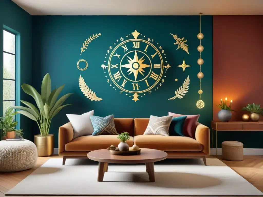 Acogedora sala decorada según signo zodiacal, con elementos personales y místicos en tonos terrosos