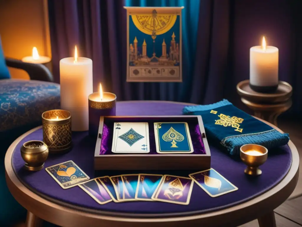 Acogedora sala con mesa de café de madera decorada con cartas de tarot ilustradas, creando un ambiente místico