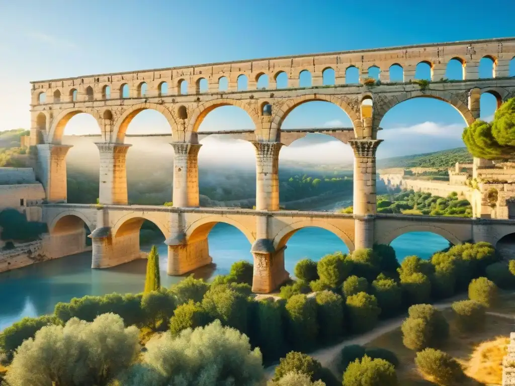 Acueducto Romano: majestuosa ingeniería hidráulica antigua en el atardecer