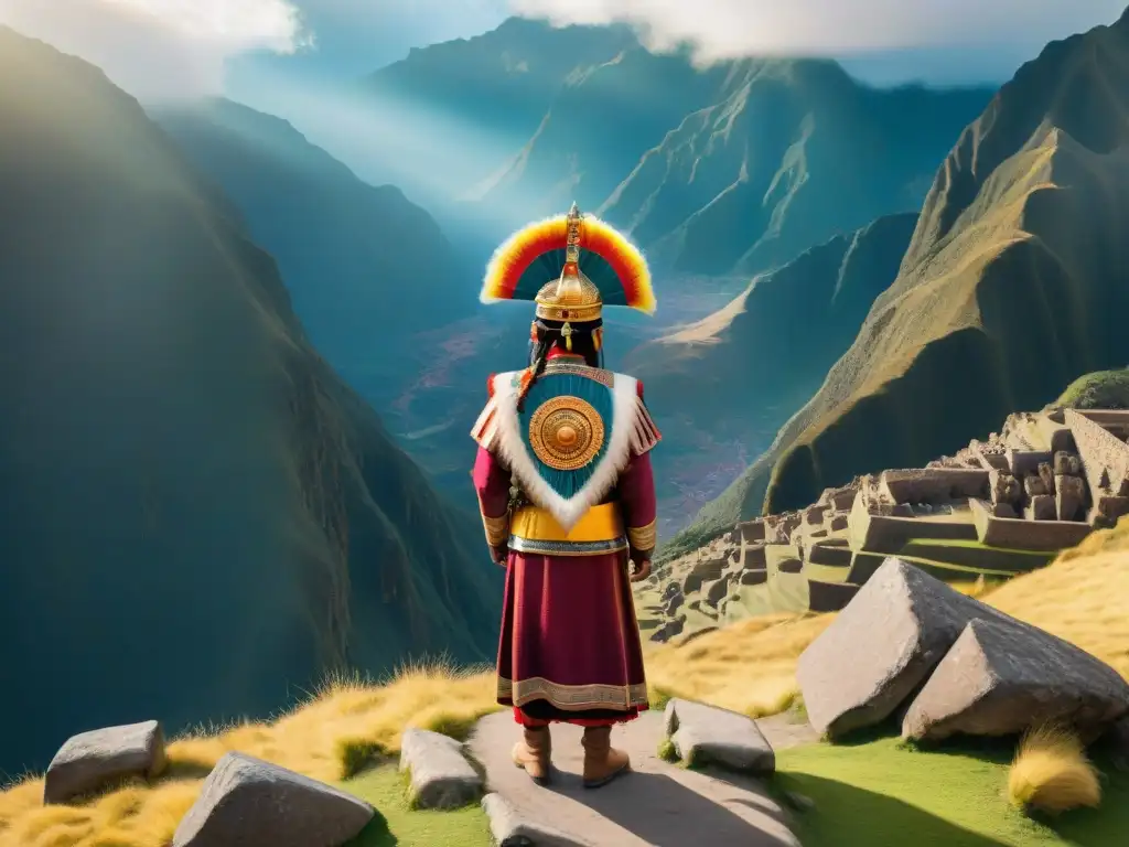 Adoración del Sol en el Imperio Inca: Imagen detallada de Inti, dios inca del sol, rodeado de adoradores y montañas andinas