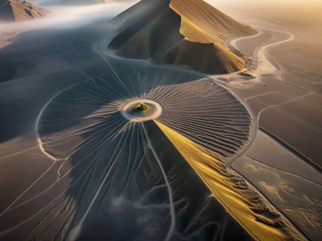 Fotografía aérea detallada de las enigmáticas Líneas de Nazca, destacando la precisión y escala de los geoglifos de araña, colibrí y mono