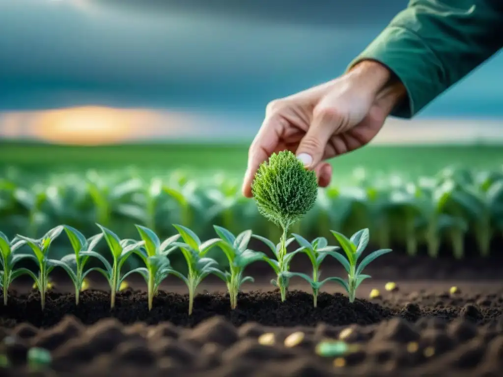 Un agricultor siembra con cuidado bajo Mercurio retrogrado en agricultura, en un campo verde y nublado