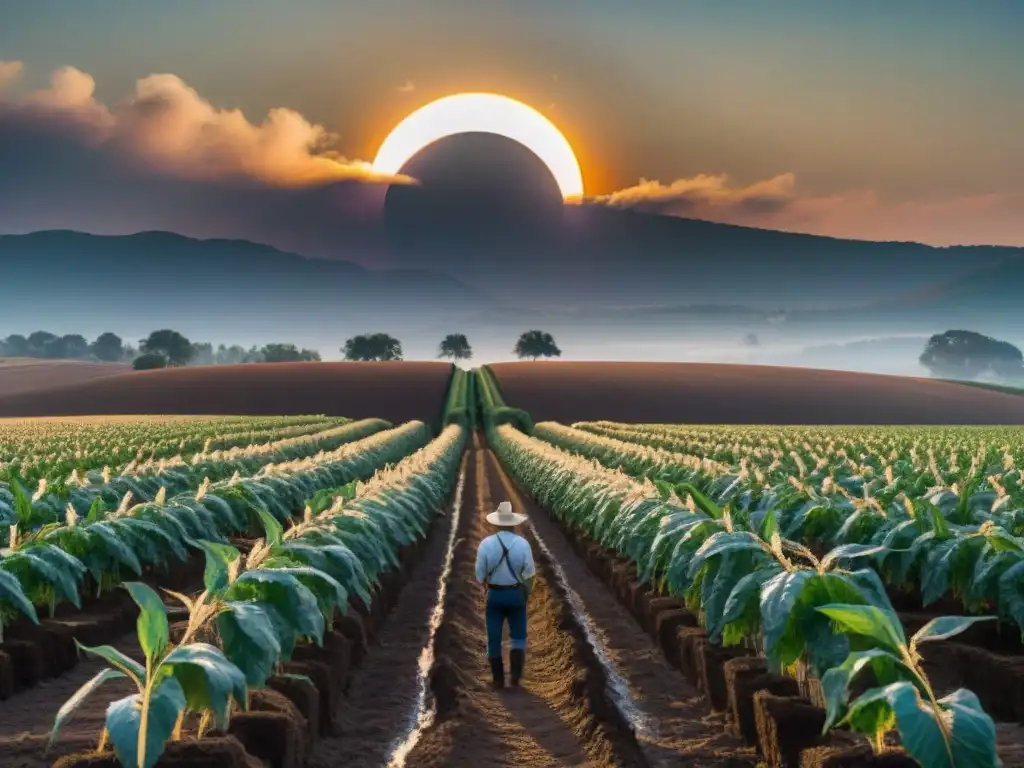 Un agricultor observa un eclipse solar en un campo, entre supersticiones y modernidad