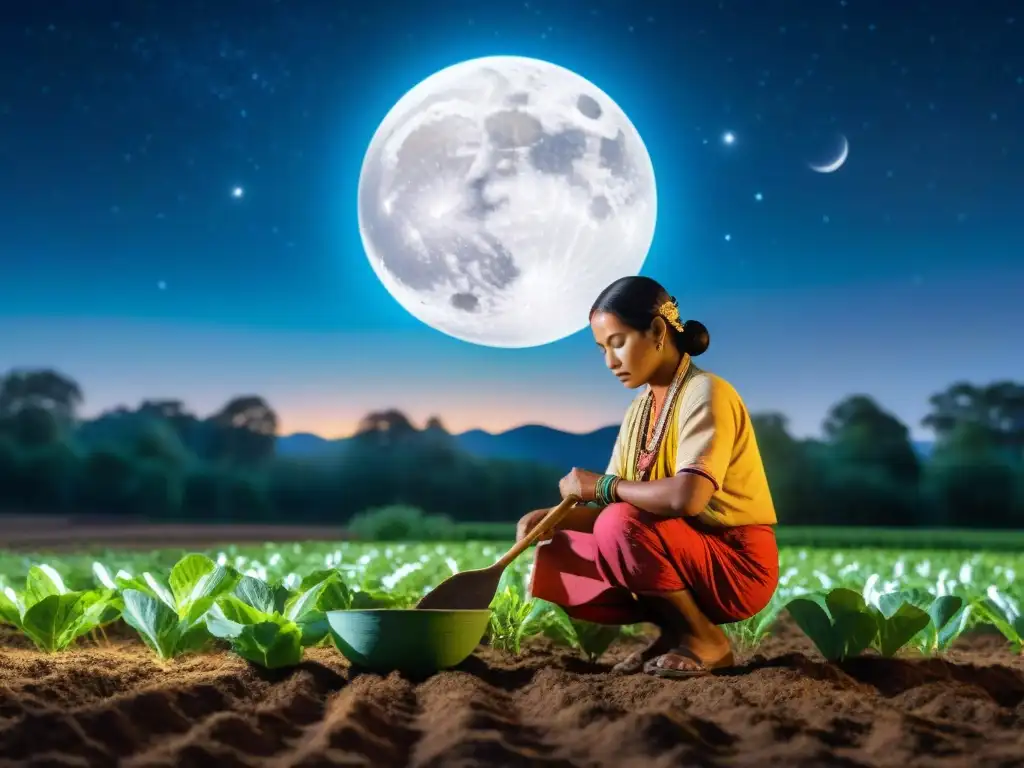 Un agricultor indígena plantando semillas bajo la luna llena, rodeado de constelaciones