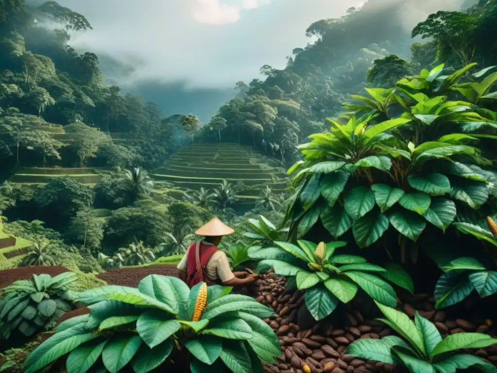 Un agricultor maya cuida con destreza un cacao en la exuberante selva