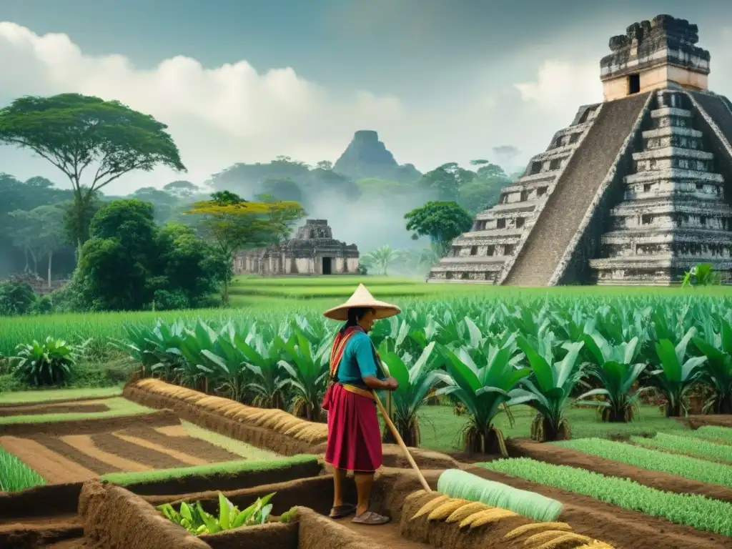 Un agricultor maya plantando maíz con Técnicas agrícolas avanzadas mayas en un campo soleado cerca de ruinas antiguas