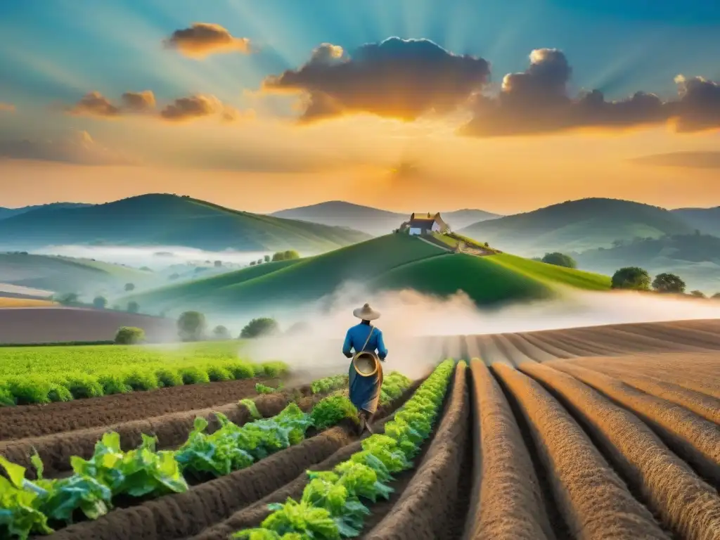 Sembrando sabiduría ancestral: agricultura en armonía con el cosmos Un agricultor plantando semillas en un campo soleado, guiado por los movimientos planetarios