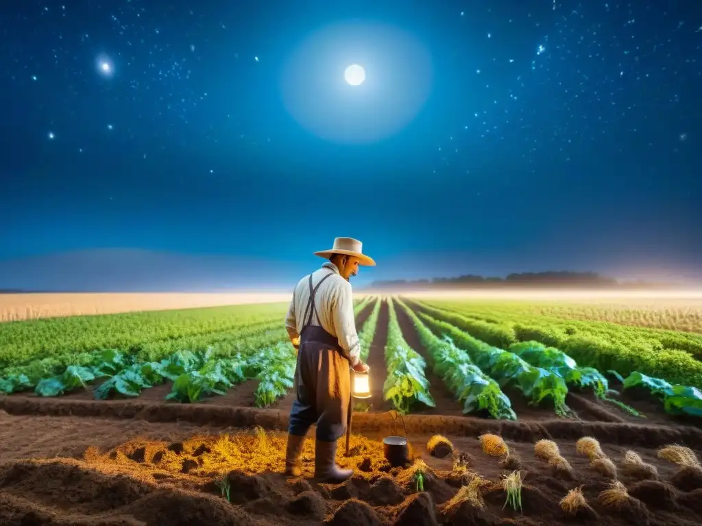 Un agricultor plantando semillas bajo el cielo estrellado con signos zodíaco, en una escena de correspondencias ancestrales