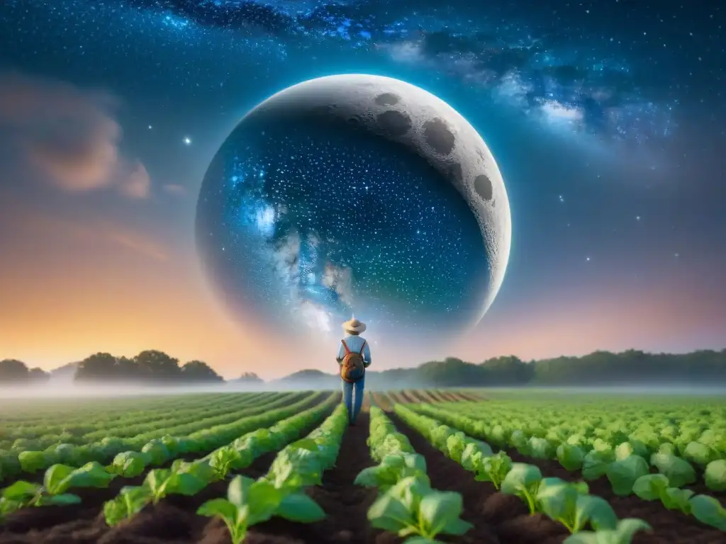 Un agricultor planta semillas bajo un cielo estrellado y astrología, en armonía con la naturaleza