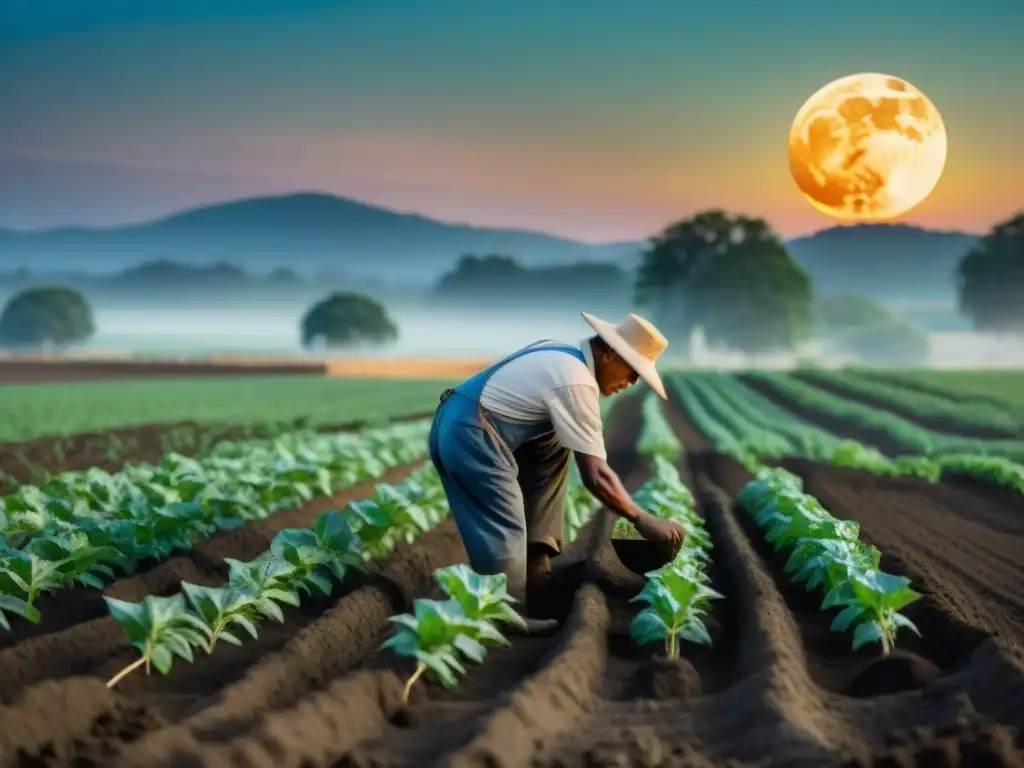 Un agricultor siembra semillas bajo la influencia lunar en una noche serena