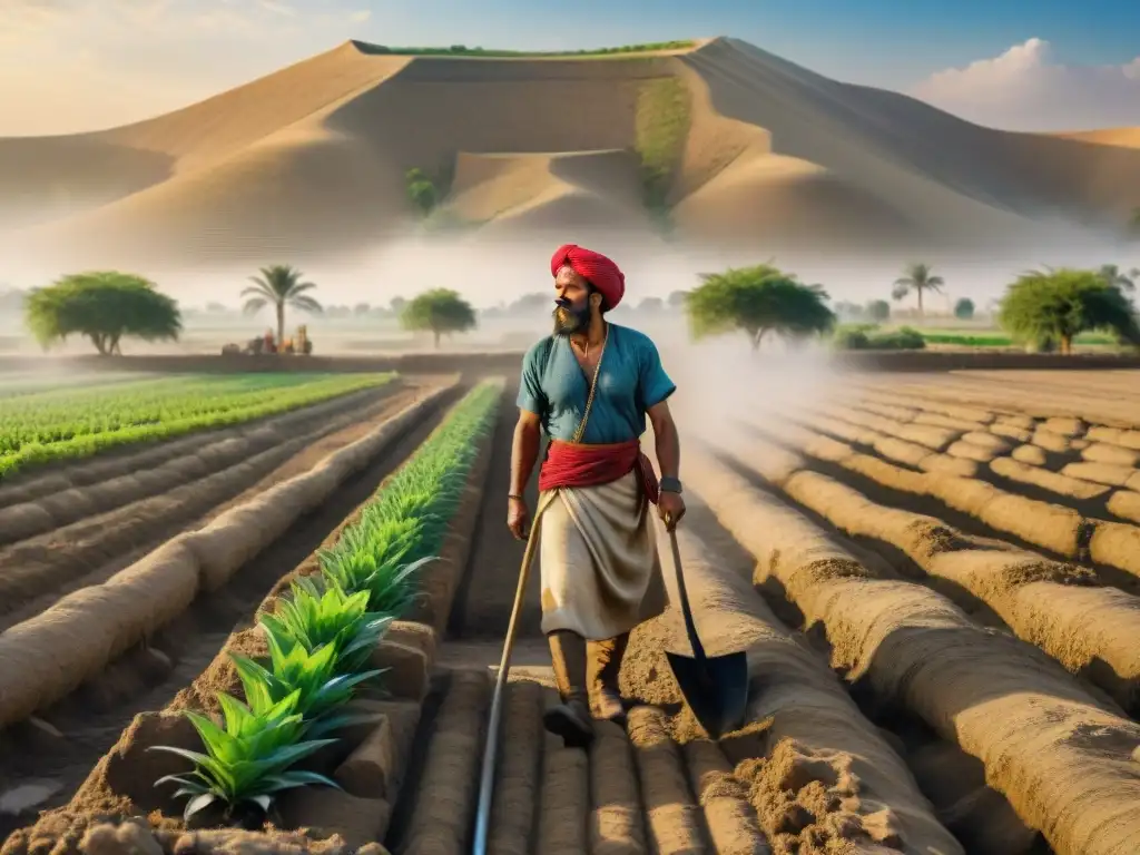 Un agricultor sumerio arando un campo bajo el sol, reflejando la antigua civilización Sumeria agricultura