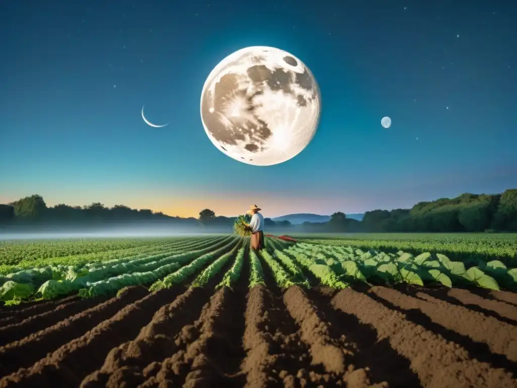 Un agricultor tradicional siembra en armonía con la luna, destacando la influencia lunar en agricultura