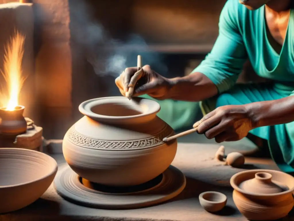 Un alfarero en la India Antigua moldea con destreza una cerámica en un taller tradicional