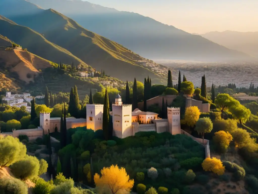 La Alhambra al atardecer, con sus detalles arquitectónicos iluminados por el sol