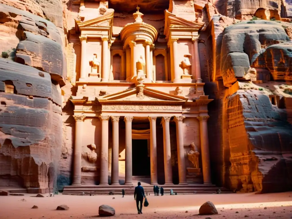 Restaurando el Alma de Petra: Detalles majestuosos del Tesoro en Petra, iluminados por la cálida luz dorada del atardecer