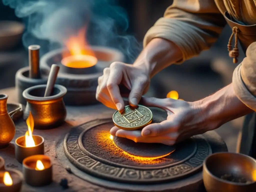 Alquimista antiguo fundiendo metal en moldes para monedas, en un taller misterioso iluminado por fuego