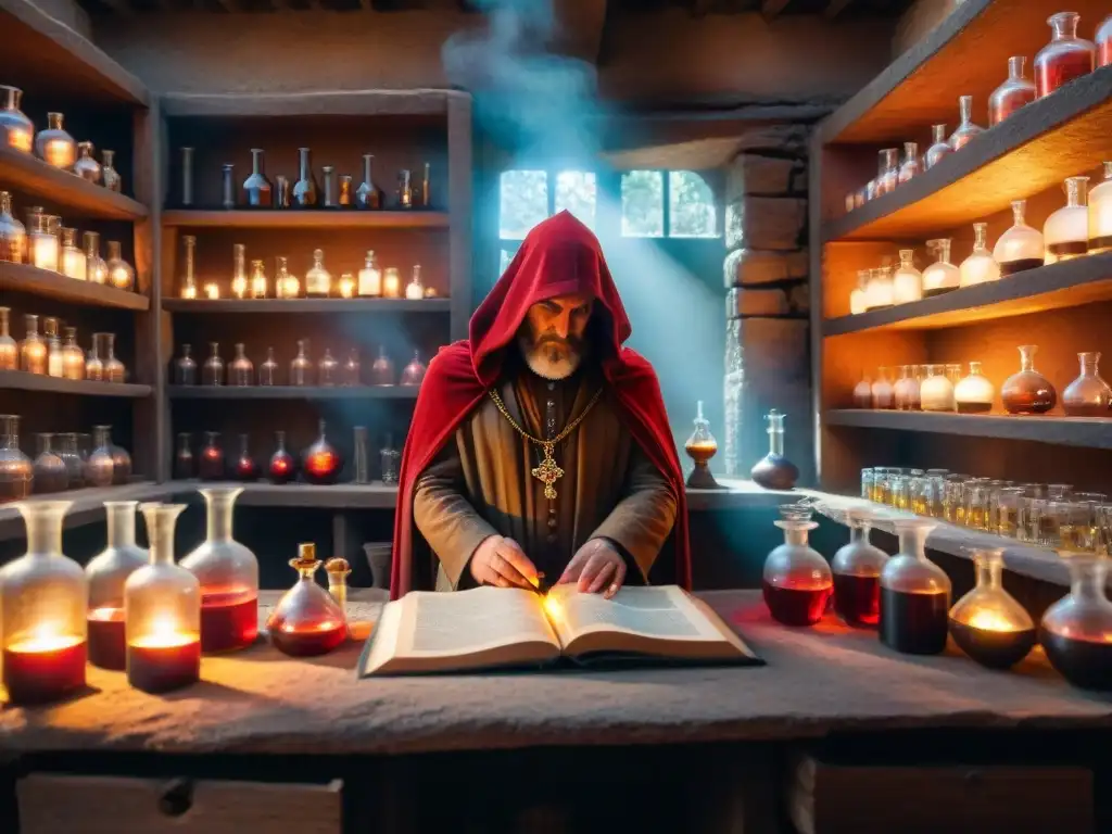 Alquimia ancestral: laboratorio misterioso y mágico Un alquimista en su laboratorio antiguo, cuidando la piedra filosofal en un ambiente enigmático y místico