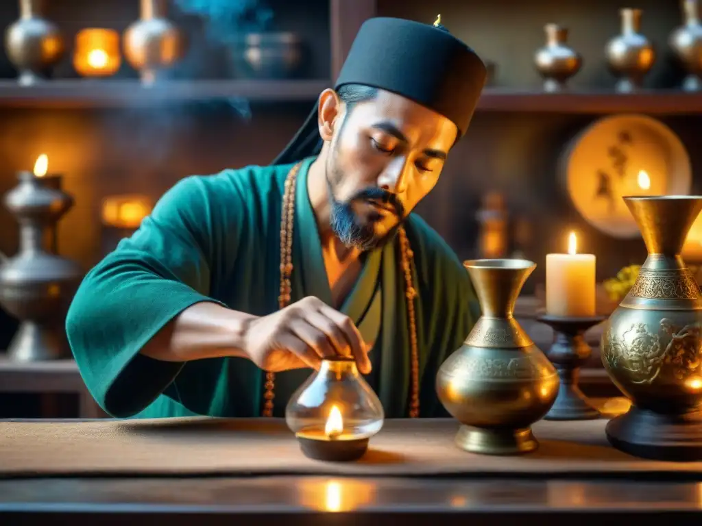 Un alquimista taoísta antiguo vierte líquido brillante en un laboratorio decorado, transmitiendo sabiduría ancestral