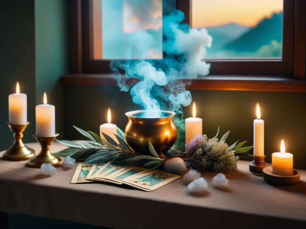 Un altar adornado con cristales brillantes, humo de salvia y velas, rodeado de objetos místicos para rituales de transmutación personal misteriosos