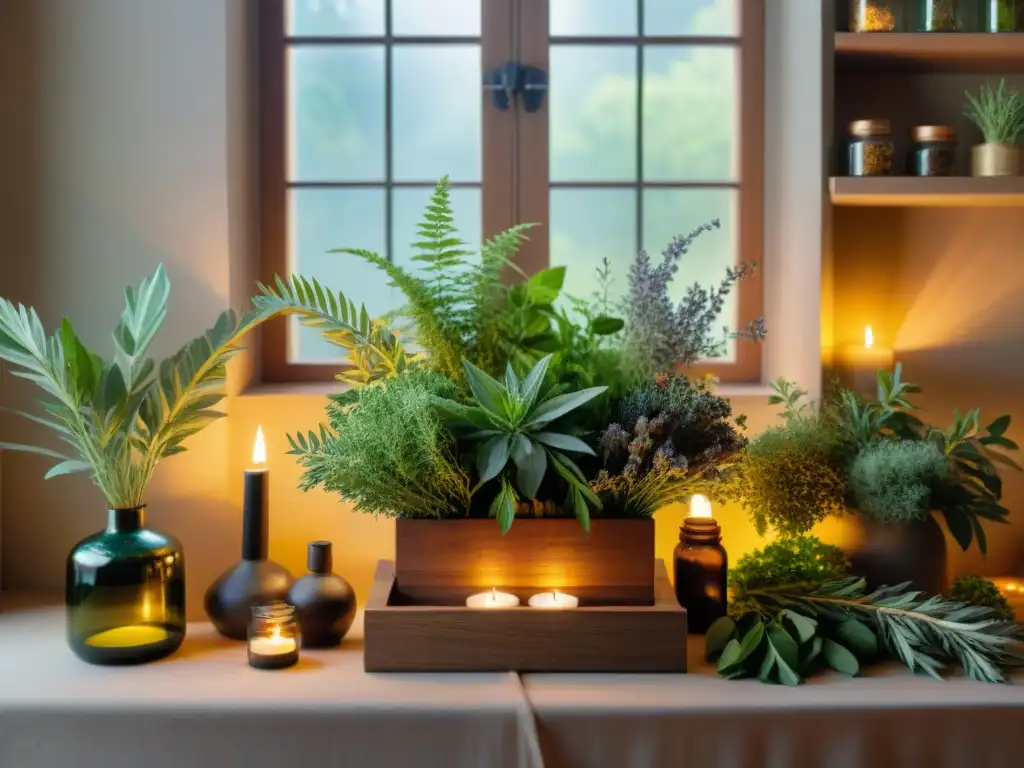 Un altar adornado con hierbas frescas para usos mágicos, bañado por la luz del sol