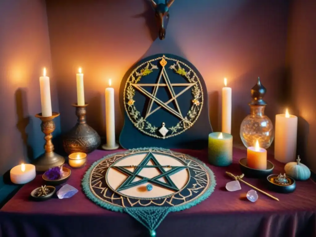 Un altar de bruja moderna, con cristales, hierbas, velas y cartas del tarot, bañado en luz de velas