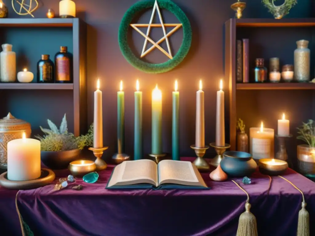 Un altar de bruja moderna iluminado por velas, con herramientas místicas como cristales, hierbas, velas, caldero, tarot y grimorio