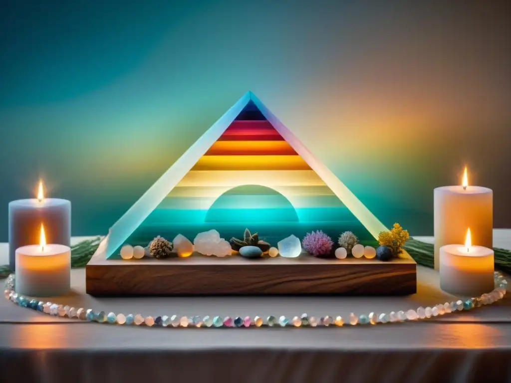 Un altar de cristales en neopaganismo, con gemas diversas dispuestas en patrón geométrico bajo luz etérea