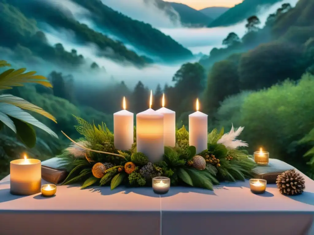 Un altar decorado con cristales, plumas y velas en un bosque al anochecer, evocando el Neopaganismo en la Era Digital