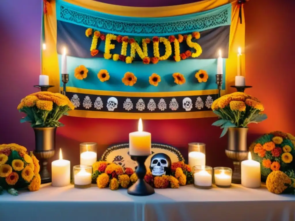 Un altar detalladamente decorado para Día de los Muertos, con flores de cempasúchil, velas, calaveras de azúcar y fotografías de seres queridos fallecidos