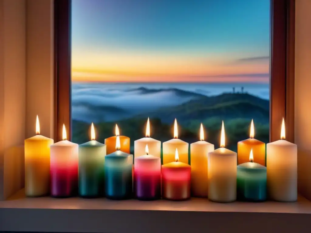 Un altar decorado con velas coloridas y variadas, iluminado por la suave luz del atardecer