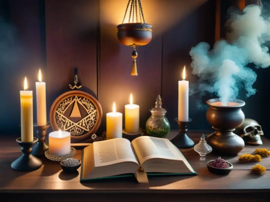 Un altar decorado con velas, hierbas, cristales y un libro de hechizos en una habitación misteriosa