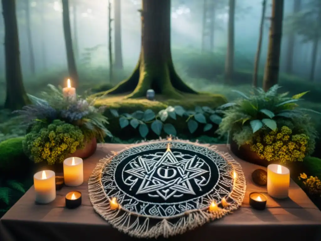 Un altar detallado en un bosque, con símbolos neopaganos y elementos naturales