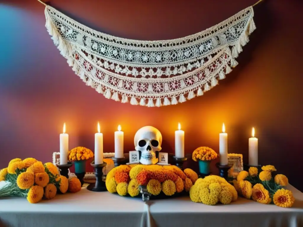 Un altar del Día de los Muertos con flores, velas, calaveras de azúcar y fotografías, en un ambiente vibrante y solemne