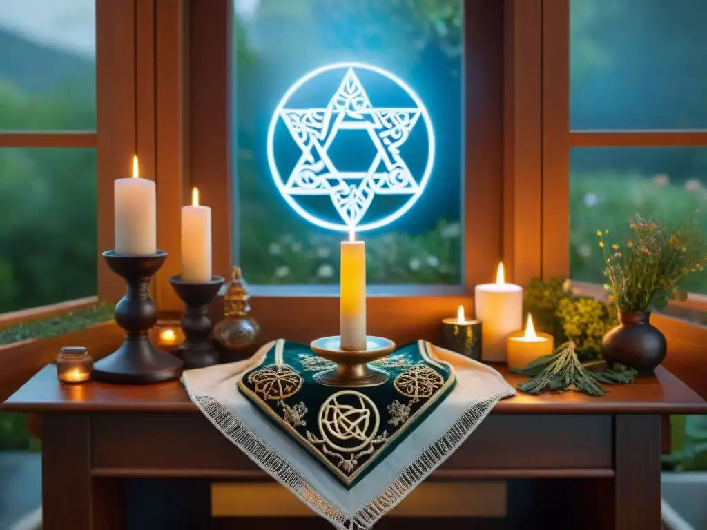 Un altar doméstico sereno iluminado por velas, símbolos neopaganos, hierbas y cristales