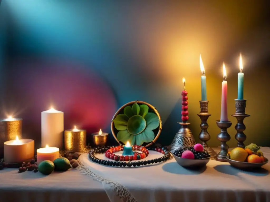 Un altar de Vudú haitiano con ofrendas y velas, iluminado por tenues luces de velas, evocando la magia de los Rituales de Vudú haitiano poderosos