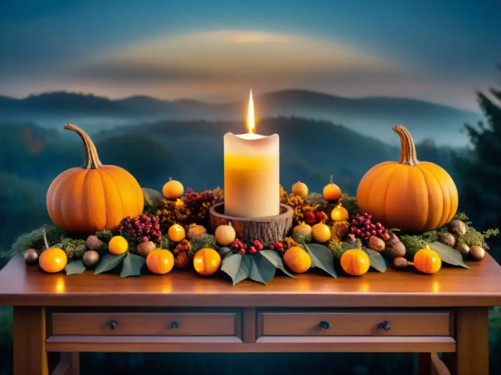 Altar iluminado con velas, hojas de otoño y calabazas en Samhain, en un bosque nocturno con sombras, evocando el origen y significado de Samhain