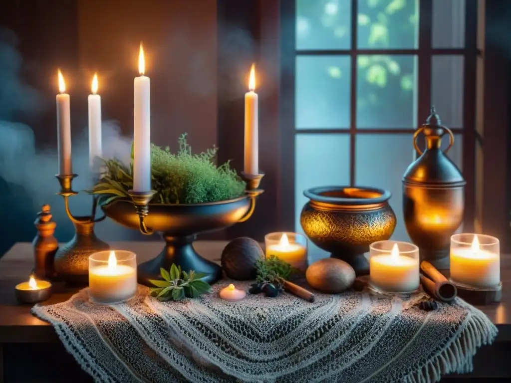 Un altar intricado para un ritual de brujería, con velas, hierbas, cristales y caldero