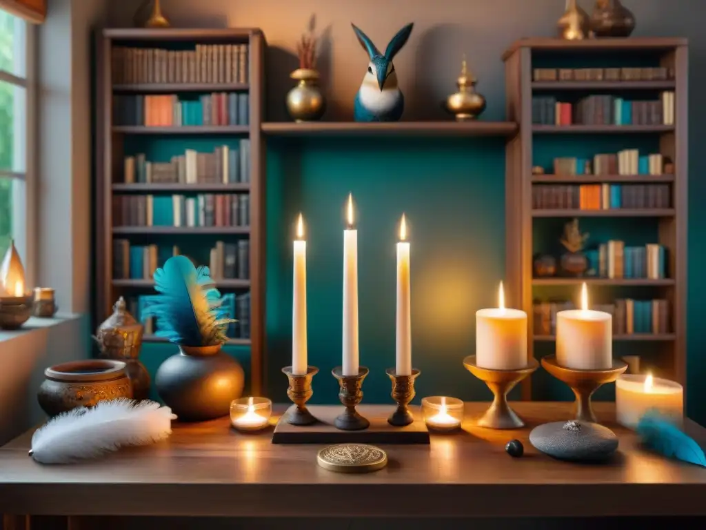 Un altar intrincado con cristales coloridos, velas ardientes y objetos simbólicos del Neopaganismo en la Era Digital