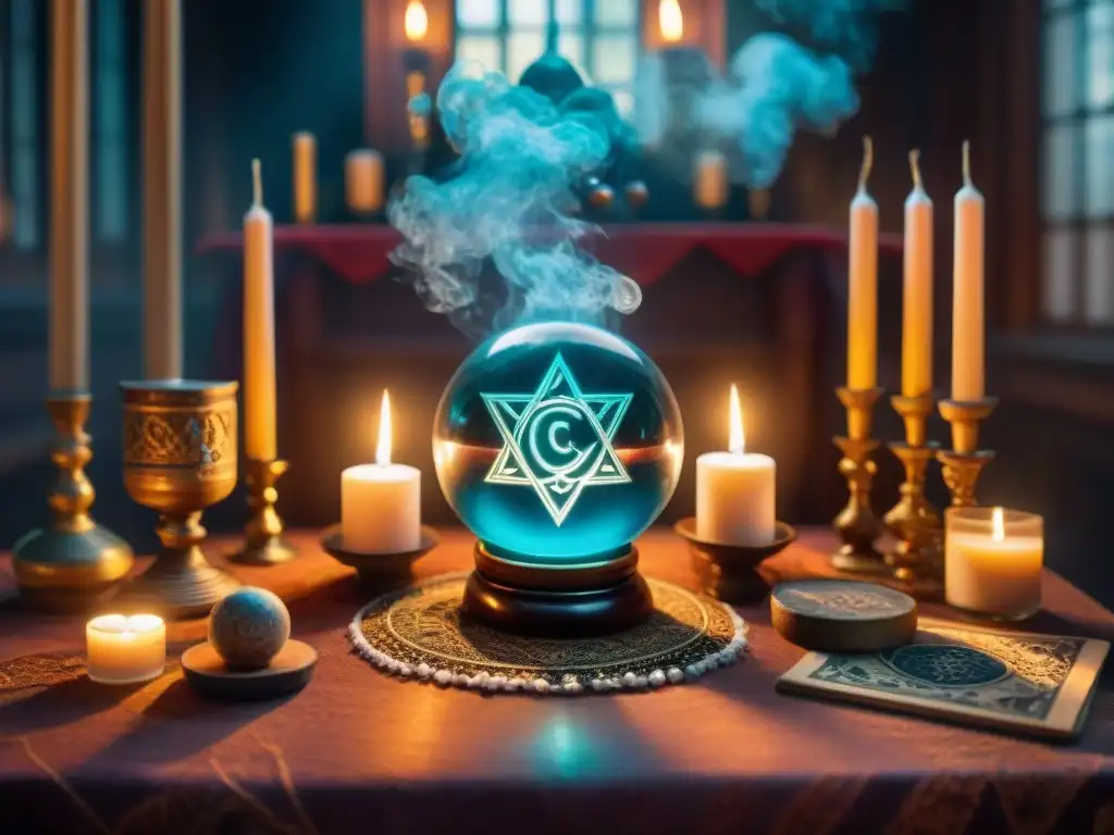 Un altar intrincado con cristales, velas y símbolos místicos en una habitación iluminada por velas, creando una atmósfera mística