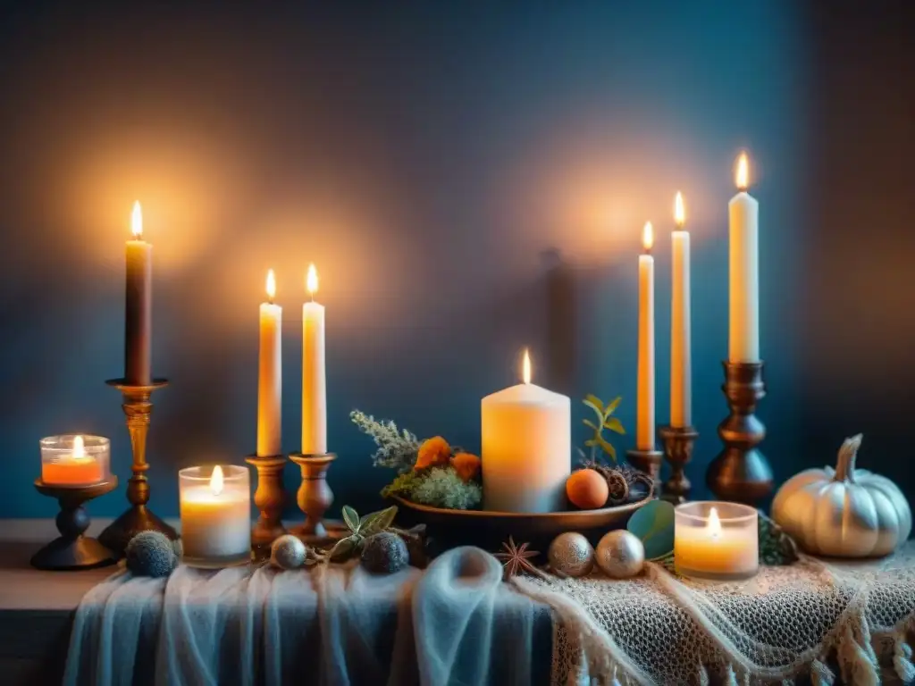 Un altar intrincado dedicado a la brujería moderna, con velas, cristales, hierbas y objetos simbólicos, bañado en la suave luz de las velas