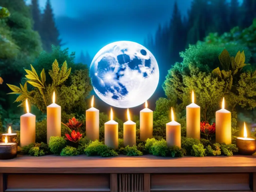 Un altar intrincado con velas y cristales, rodeado de naturaleza bajo la luna llena