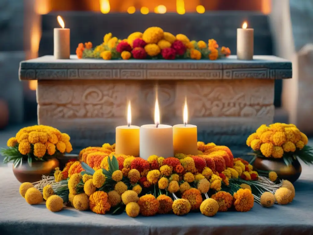 Un altar maya tradicional con flores, frutas y copal, iluminado por velas y símbolos antiguos