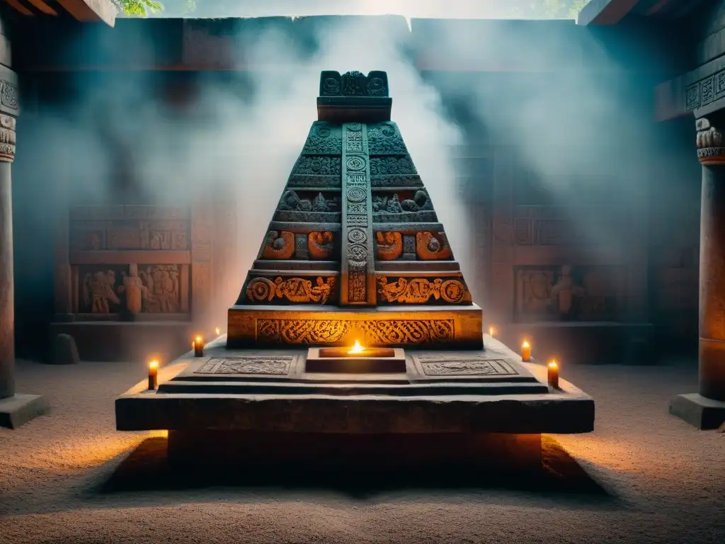 Altar mesoamericano detallado con símbolos tallados, rodeado de neblina