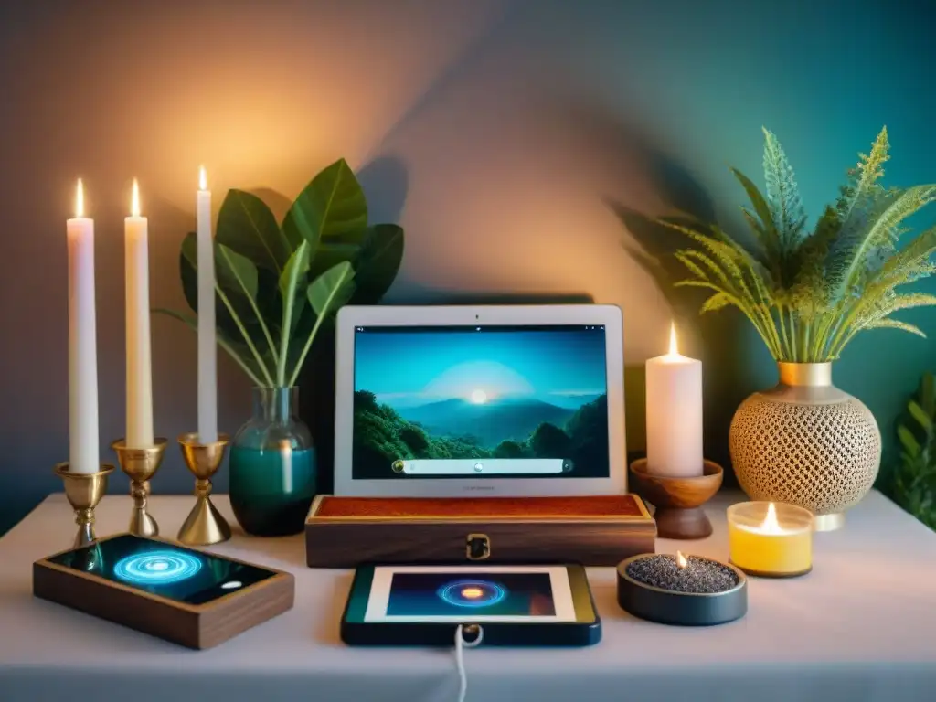 Altar moderno de Neopaganismo en la Era Digital: herramientas tradicionales y digitales se fusionan en un espacio espiritual único
