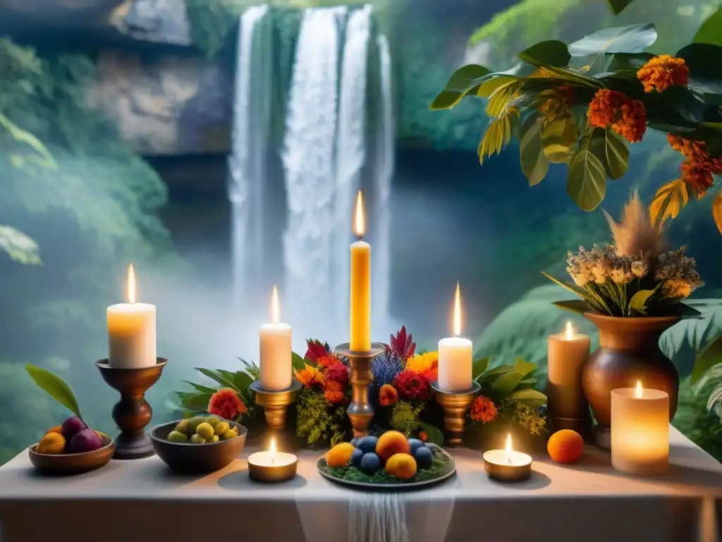 Un altar neopagano con cristales, velas, plumas y naturaleza, frente a una cascada y vegetación exuberante