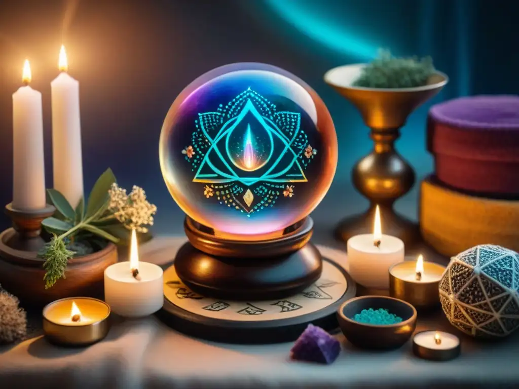 Un altar neopagano con cristales, velas, hierbas, cartas del tarot, bola de cristal y péndulo de adivinación